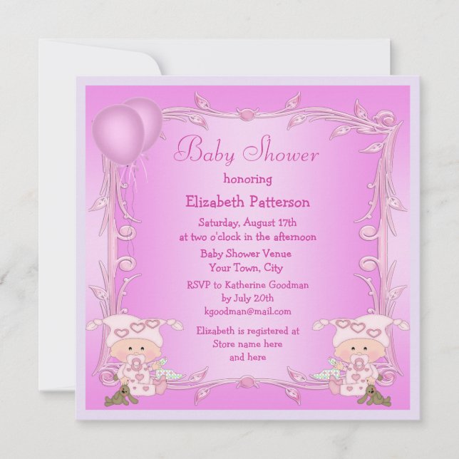 Twin Girls & Balloons Pink Baby Shower Invitation (Front)