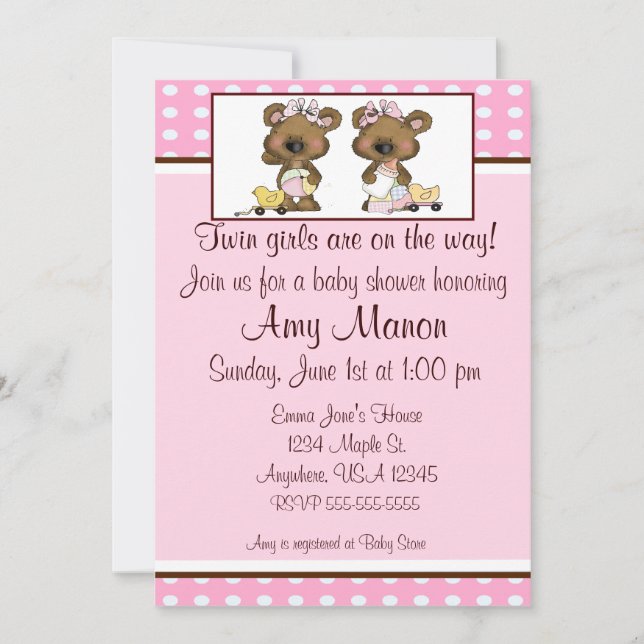 Twin girls bears personalized baby shower invites (Front)