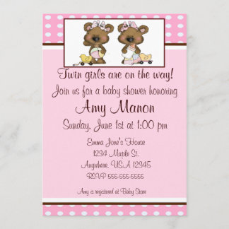 Twin girls bears personalized baby shower invites