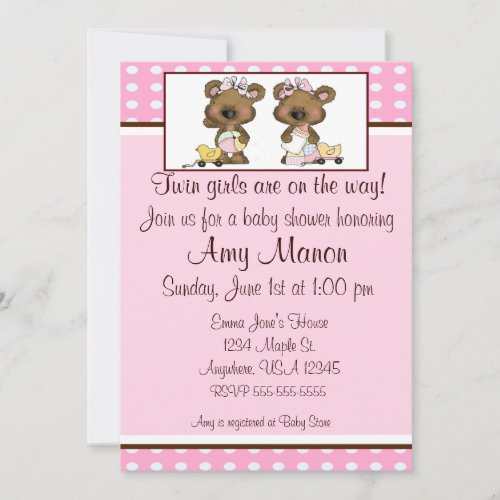 Twin girls bears personalized baby shower invites