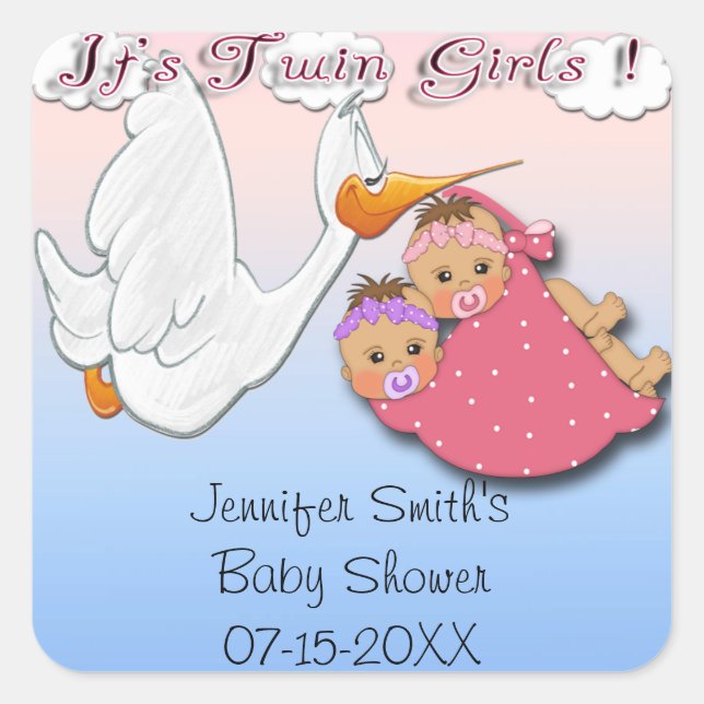 Twin Girls BH - Stork Baby Shower Favor stickers (Front)