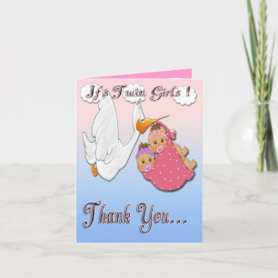 Twin Girls BH - Stork Baby Shower Thank You card