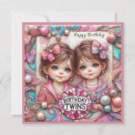 TWIN GIRLS Birthday Card ~ young children ~ Pink ~