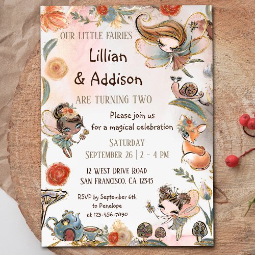 Twin Girls Birthday Forest Fairy Party Invitation