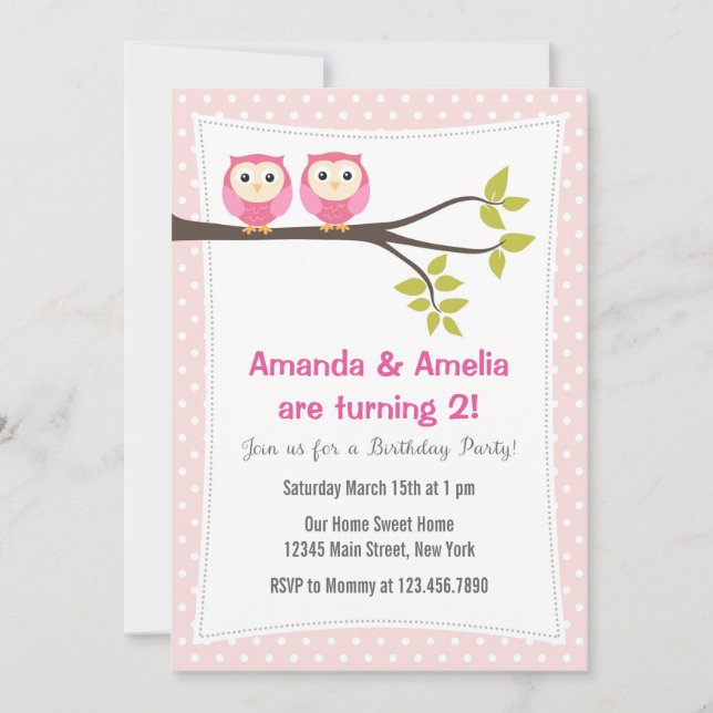 Twin Girls  Birthday Party Invitation Owls (Front)