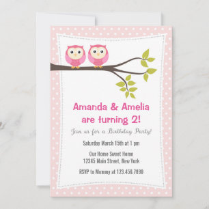 Twin Girls Birthday Party Invitation Owls