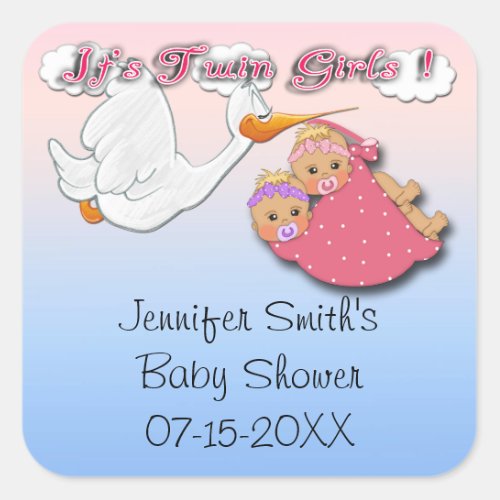 Twin Girls Blonde _Stork Baby Shower Favor sticker