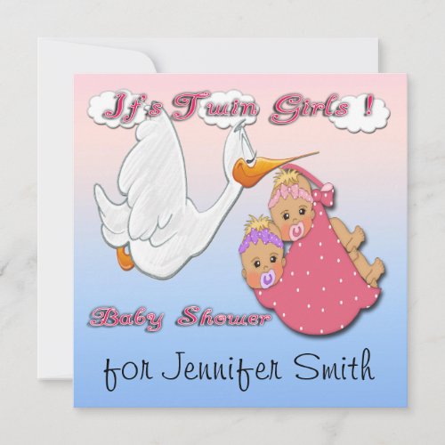 Twin Girls Blonde _ Stork Baby Shower Invitations