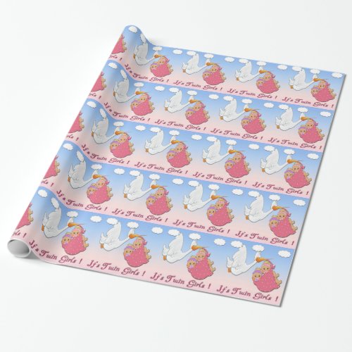 Twin Girls Blonde _ Stork Baby Shower Wrapping Pap Wrapping Paper