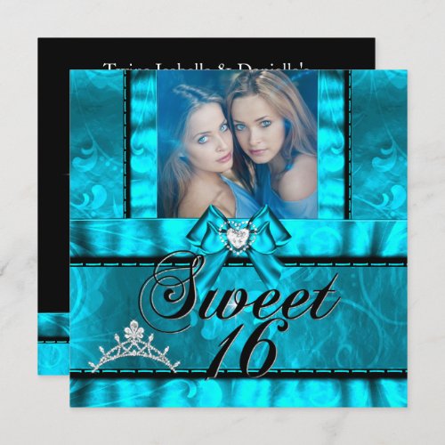Twin Girls Blue Teal Sweet Sixteen Sweet 16 Invitation