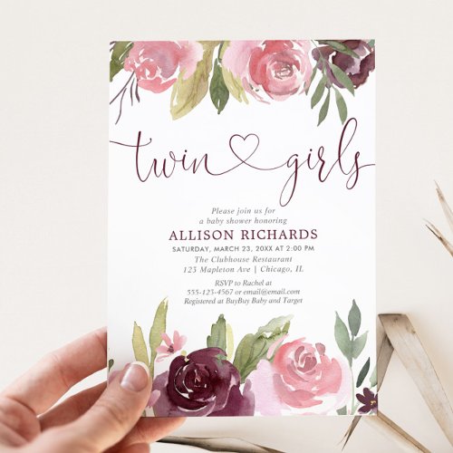 Twin girls Blush burgundy girl baby shower floral Invitation