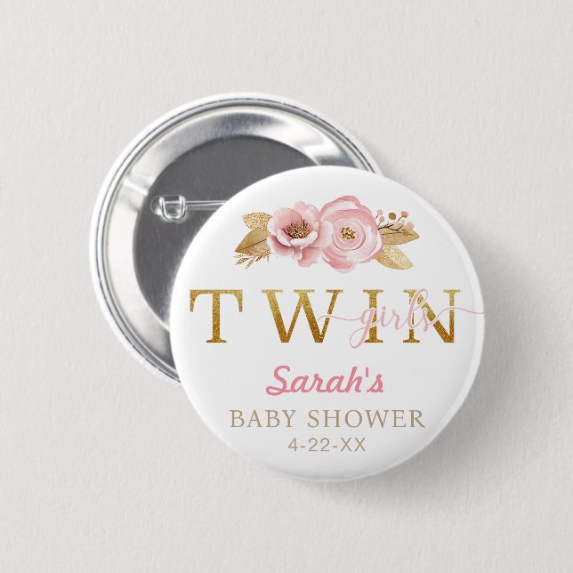 Twin Girls Blush Pink Baby Shower Button (Front & Back)