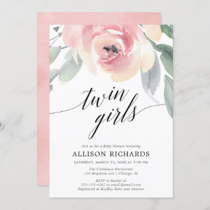 Twin girls blush pink elegant floral watercolor invitation
