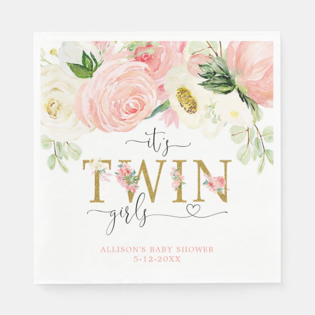 Twin girls blush pink floral baby shower napkins (Front)