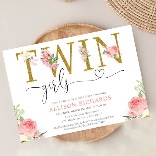 Twin girls blush pink gold floral baby shower invitation