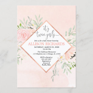 Twin girls Blush pink rose gold floral baby shower Invitation