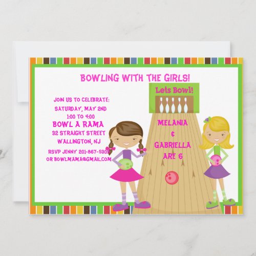 Twin Girls Bowling Birthday Party Invitation