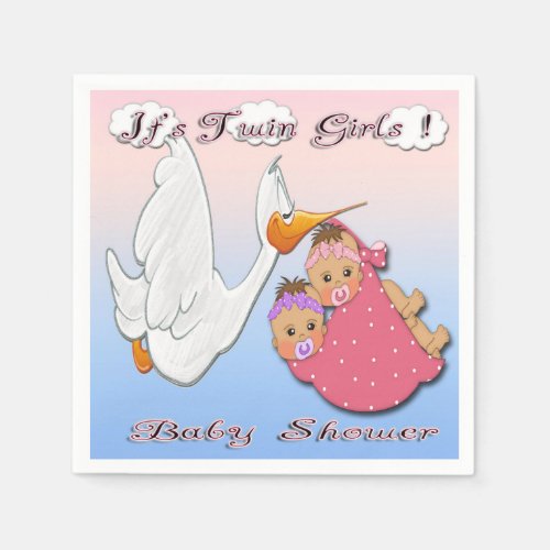 Twin Girls Brunette _ Stork Baby Shower Paper Napk Napkins