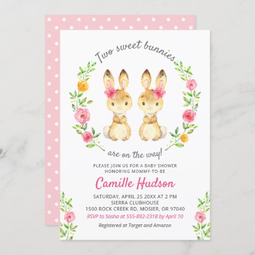 Twin Girls Bunny Floral Pink Baby Shower Sprinkle Invitation