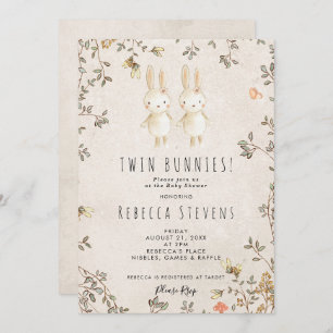 twin girls bunny wildflower baby shower invitation
