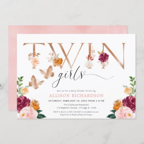 Twin girls butterfly rose gold pink elegant floral invitation