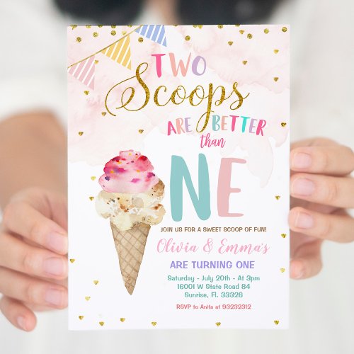 Twin Girls Cone Ice Cream Birthday Invitation