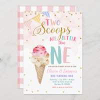 Twin Girls Cone Ice Cream Birthday Invitation