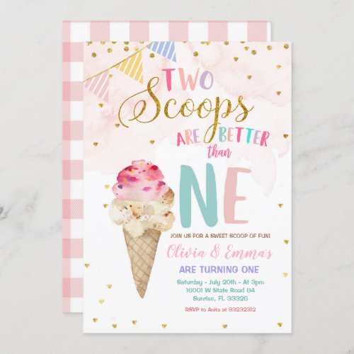 Twin Girls Cone Ice Cream Birthday Invitation