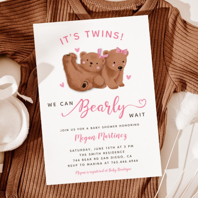 Twin Girls Cub Bear Baby Shower  Invitation