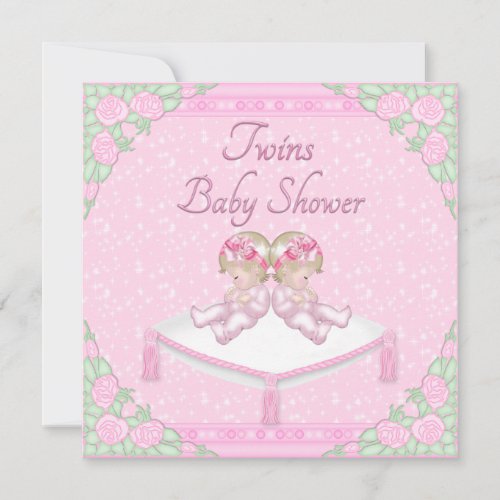 Twin Girls Cushion and Roses Pink Baby Shower Invitation