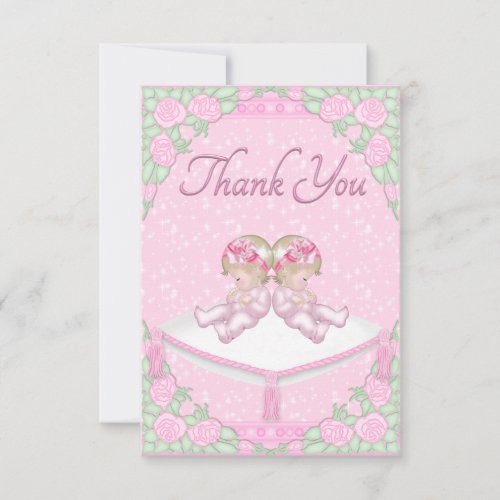 Twin Girls Cushion and Roses Pink Thank You