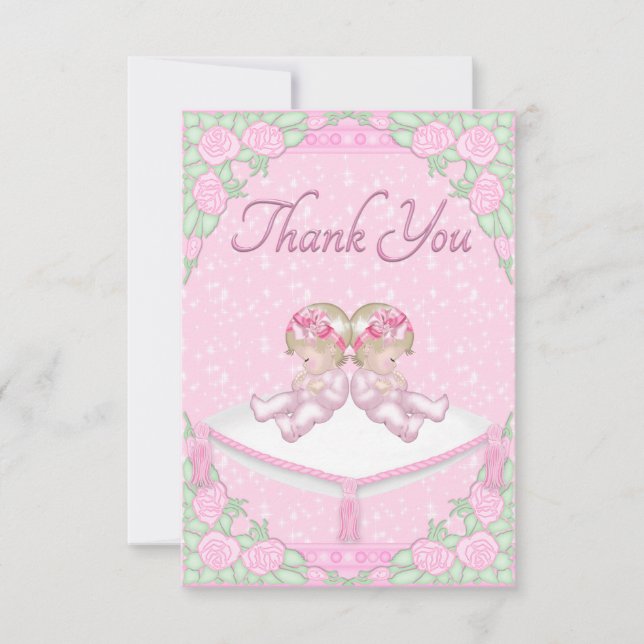 Twin Girls, Cushion and Roses Pink Thank You Card (Front)