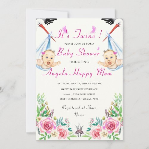 Twin Girls Cute Happy Stork Baby Shower Invitation