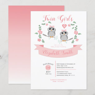 Twin Girls Cute owls babyshower Invitation