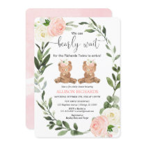 Twin girls cute teddy bear pink floral baby shower invitation