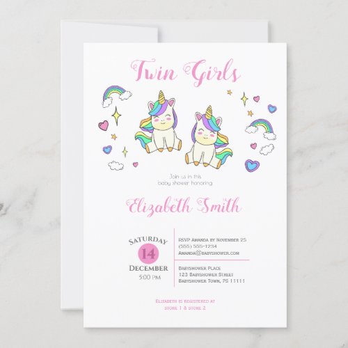 Twin Girls Cute unicorn baby shower Invitation