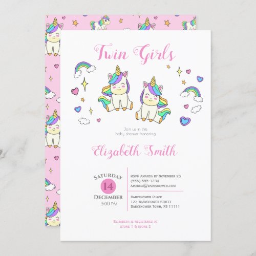 Twin Girls Cute unicorn baby shower Invitation