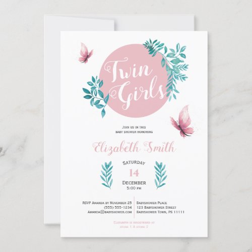 Twin Girls Cute water color floral pink butterfly Invitation