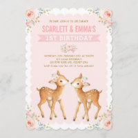 Twin Girls Deer 1st Birthday Twins Pink Floral Invitation