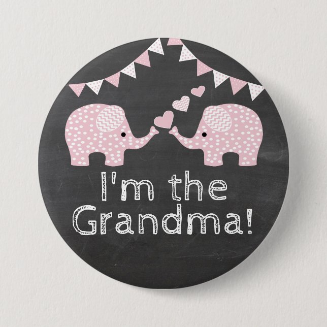 Twin Girls Elephant Baby Shower |  I'm The Grandma Button (Front)