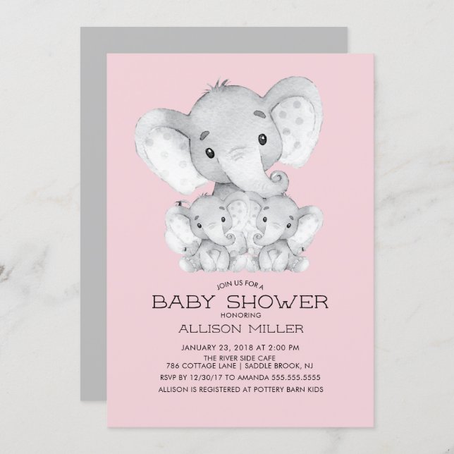TWIN Girls Elephant baby Shower Invitation (Front/Back)