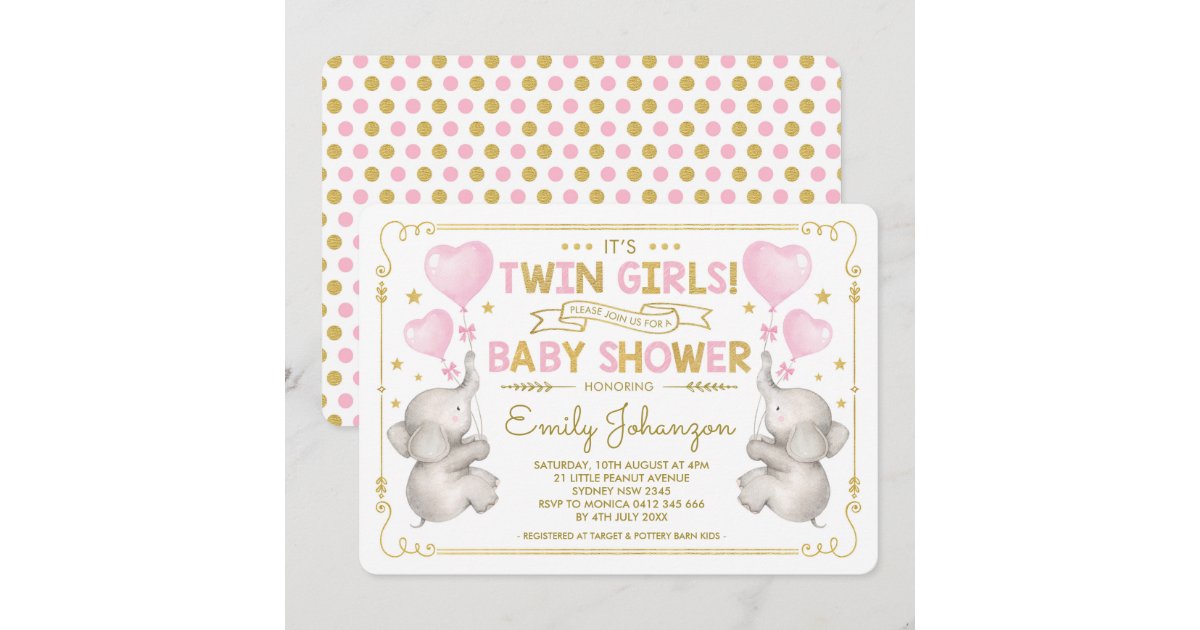Twin Girls Elephant Baby Shower Pink Gold Jungle Invitation | Zazzle