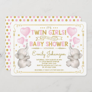 Twin Girls Elephant Baby Shower Pink Gold Jungle Invitation