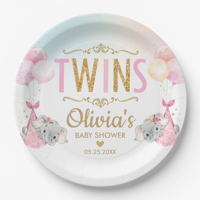 Twin Girls Elephant Baby Shower Sprinkle Whimsical Paper Plates (Front)