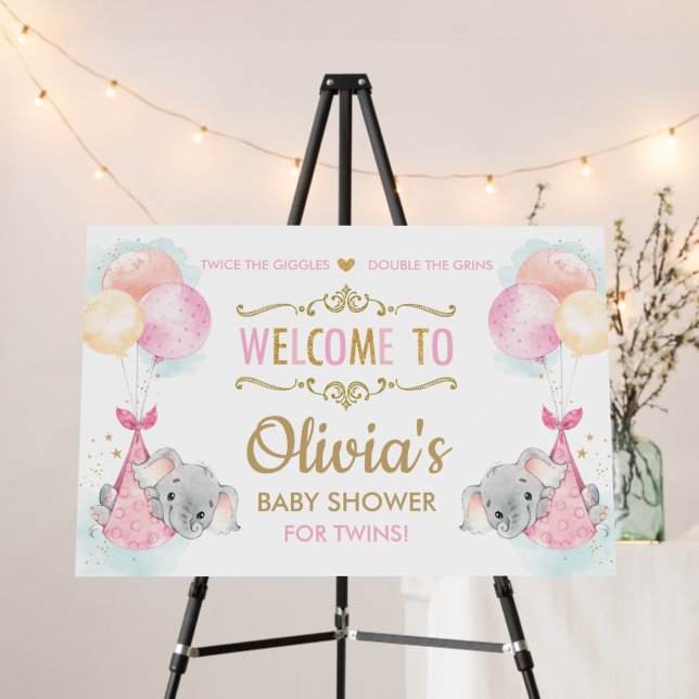 Twin Girls Elephant Balloons Baby Shower Welcome  Foam Board (In Situ (Stand))