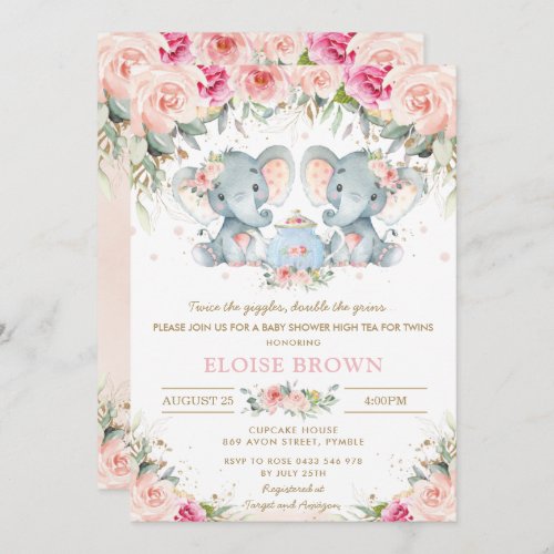Twin Girls Elephant Blush Floral Tea Baby Shower Invitation