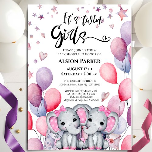 Twin Girls Elephant Pink Balloons Cute Baby Shower Invitation
