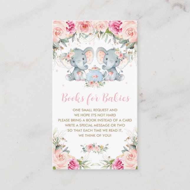 Twin Girls Elephant Pink Floral Tea Bring Books Enclosure Card (Front)
