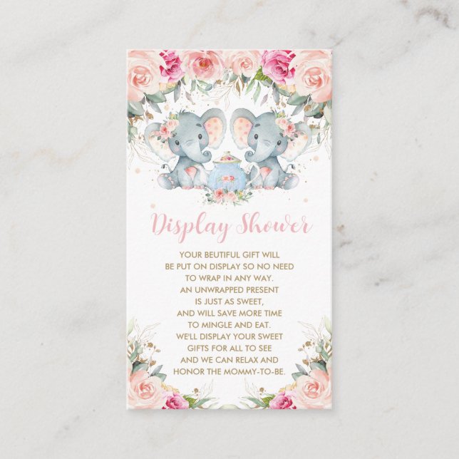 Twin Girls Elephant Pink Floral Tea Display Shower Enclosure Card (Front)