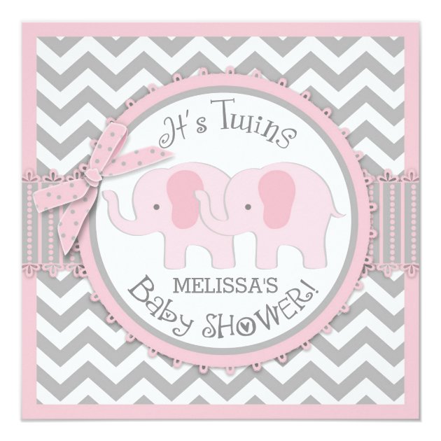 Twin Girls Elephants Chevron Print Baby Shower Invitation